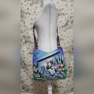 Anushka hand painted midnight  peacock leather crossbody bag